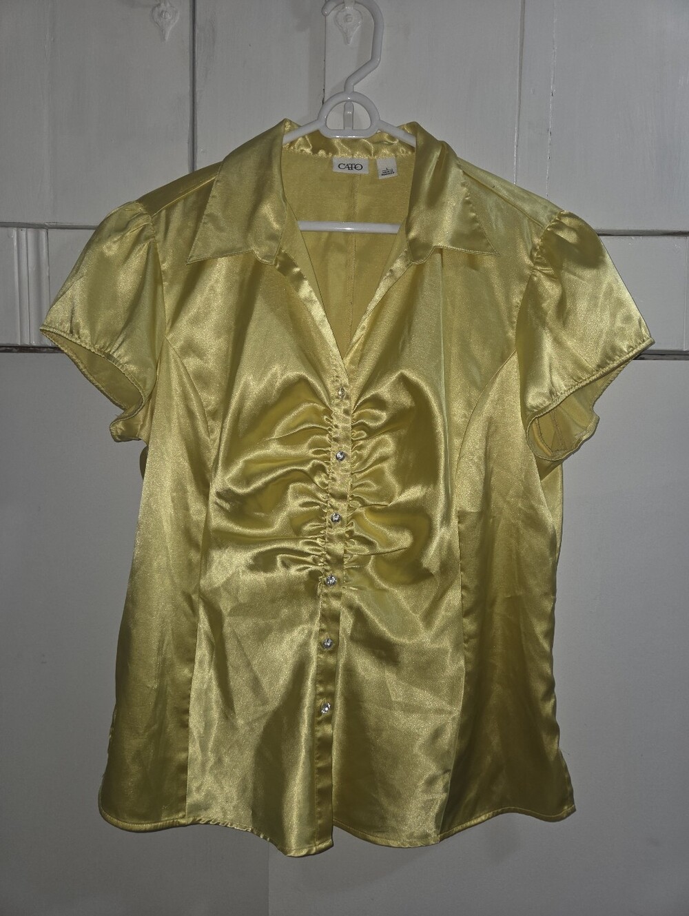 Cato Fashion Yellow Satin Short Sleeve Blouse Large